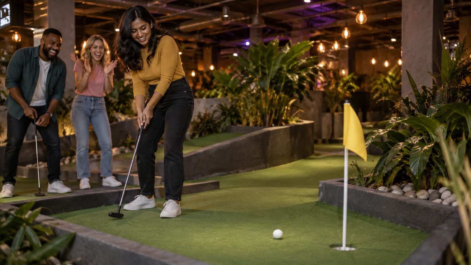 Sophie putting on the crazy golf course while her friends cheer